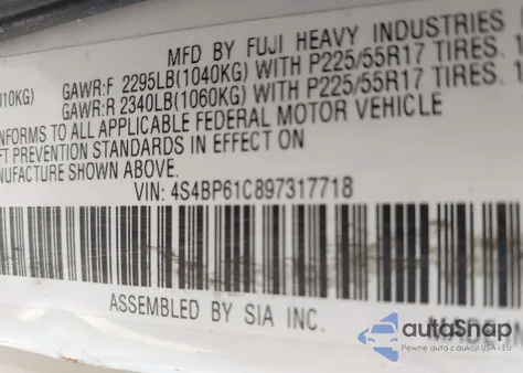 2009 Subaru Outback 2.5I from USA, damaged, VIN 4S4BP61C897317718